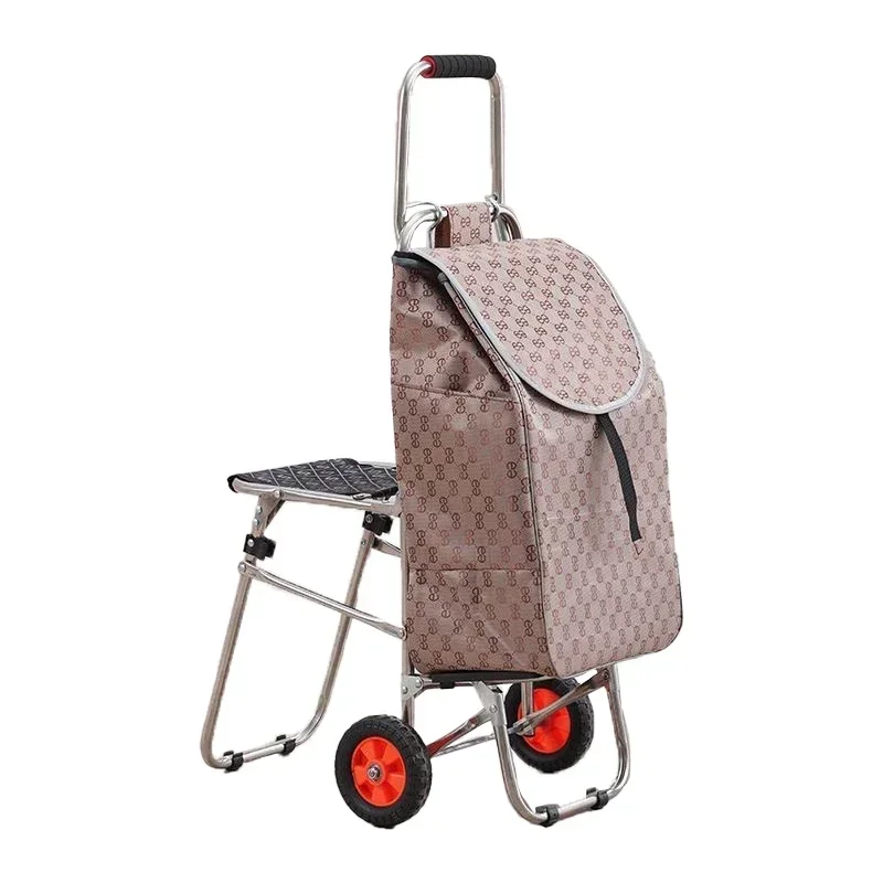 Folding Trolley Portable Grocery Shopping Cart with Seat Rubber Wheel Stainless Steel Luggage Cart Bearing 40kg Waterproof Cloth