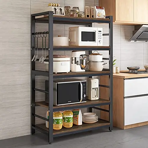 5-Tiers Bakers Rack,Microwave Oven Stand with Shelves,5 Tier Utility Storage Shelf with 5 Hooks,Multifunctional Shelf