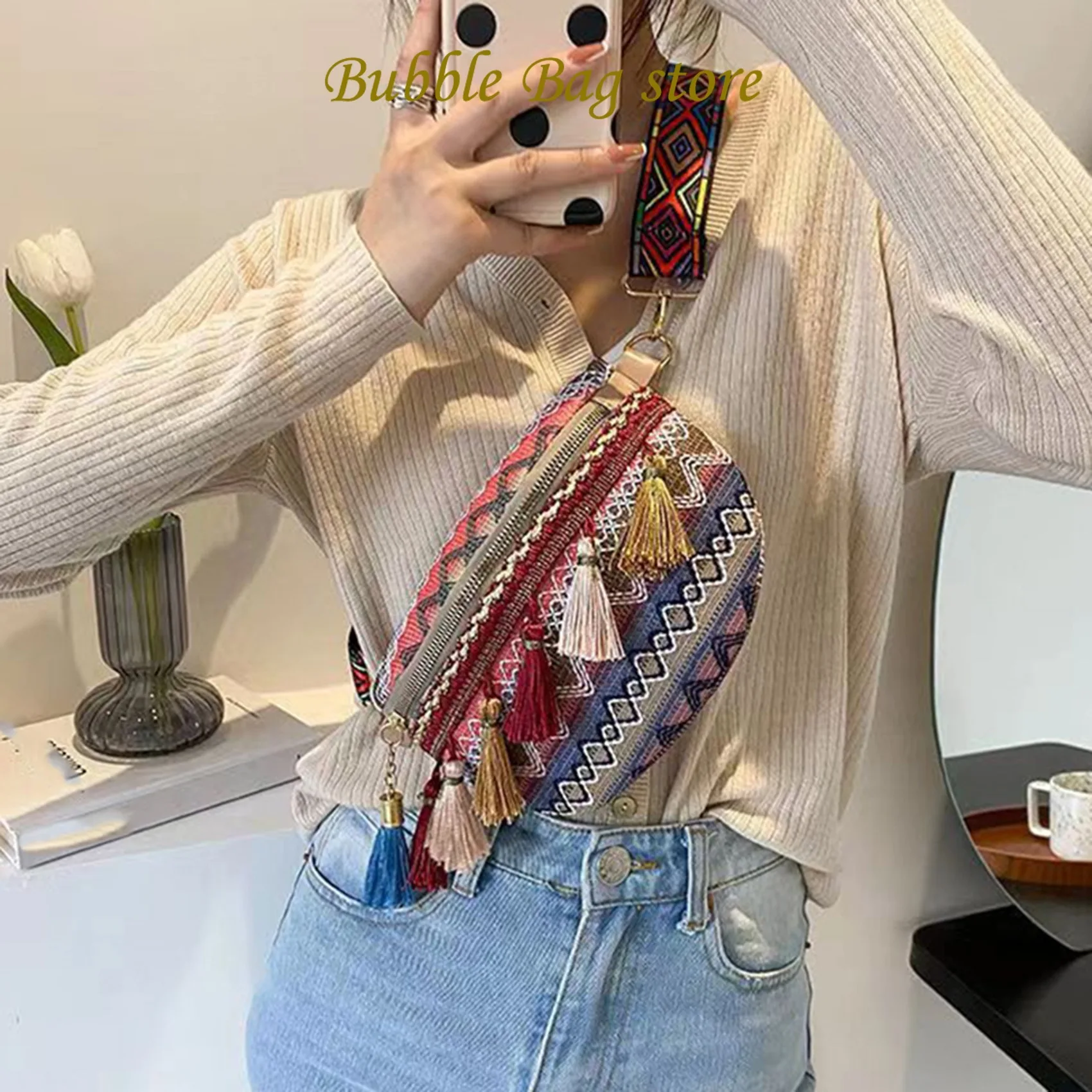 Women's Crossbody Bag Ethnic Style Tassel Decor Diagonal Straddle Bag Feminina Single Shoulder Bag Variegated Color Chest Pouch