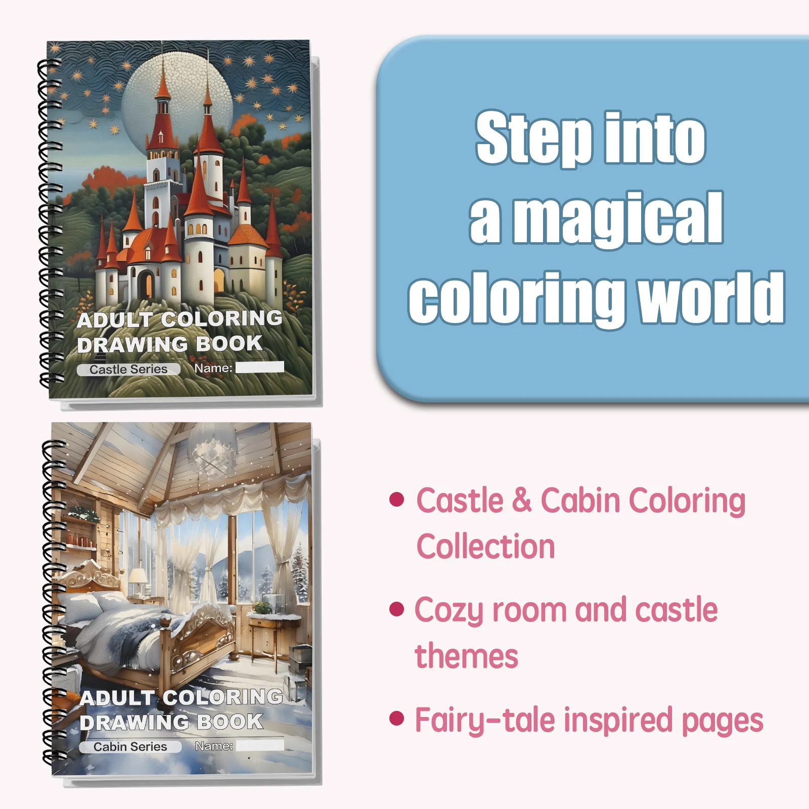 Castle & Cabin Adult Coloring Book Set 2-Pack: Top Spiral Bound Fantasy Coloring Drawing Books, 8.27 x 8.27 in, 30 Pages Each