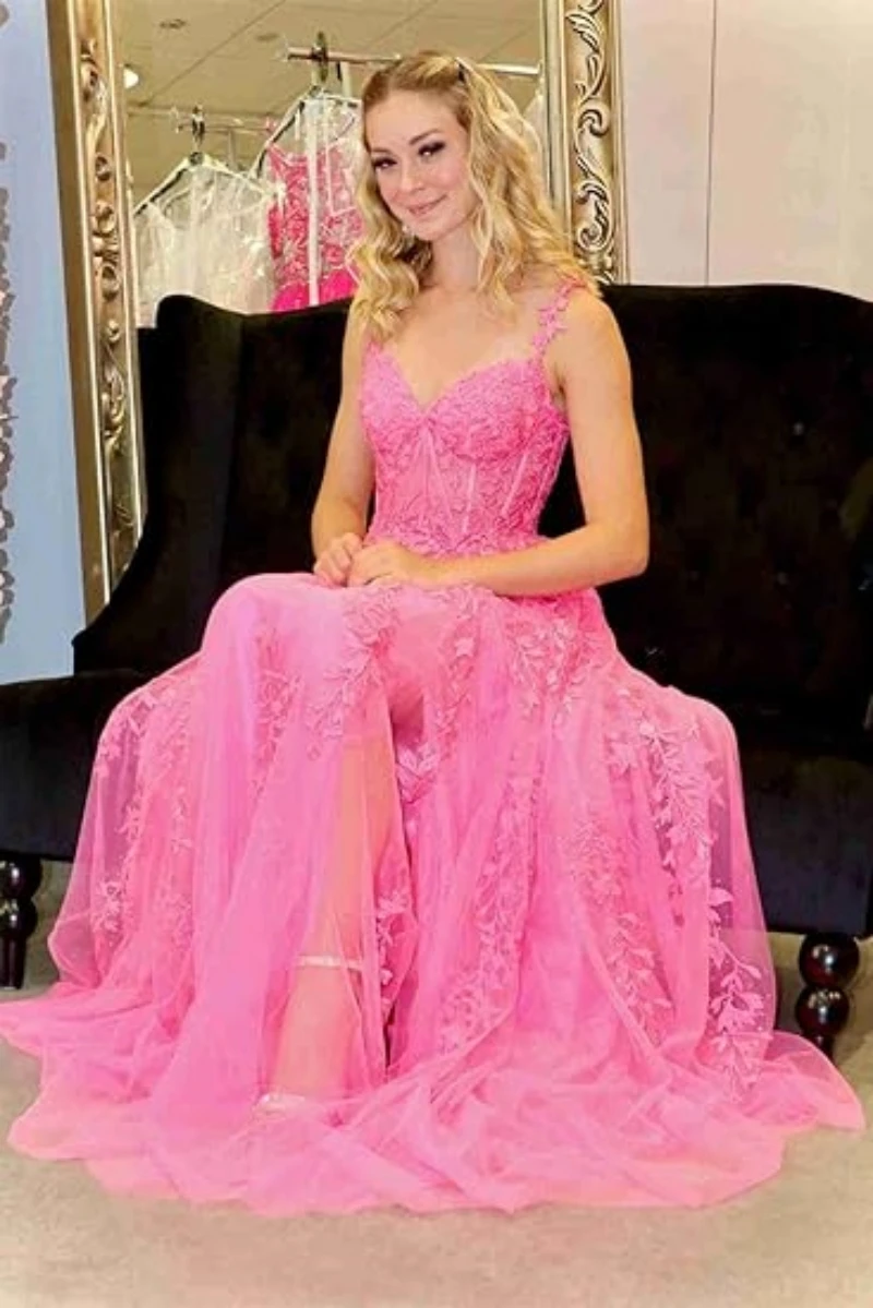 レースアップリケコルセットプロムドレスチュールロングボールガウン女性のためのフォーマルスパゲッティストラップスプリットウェディングドレス