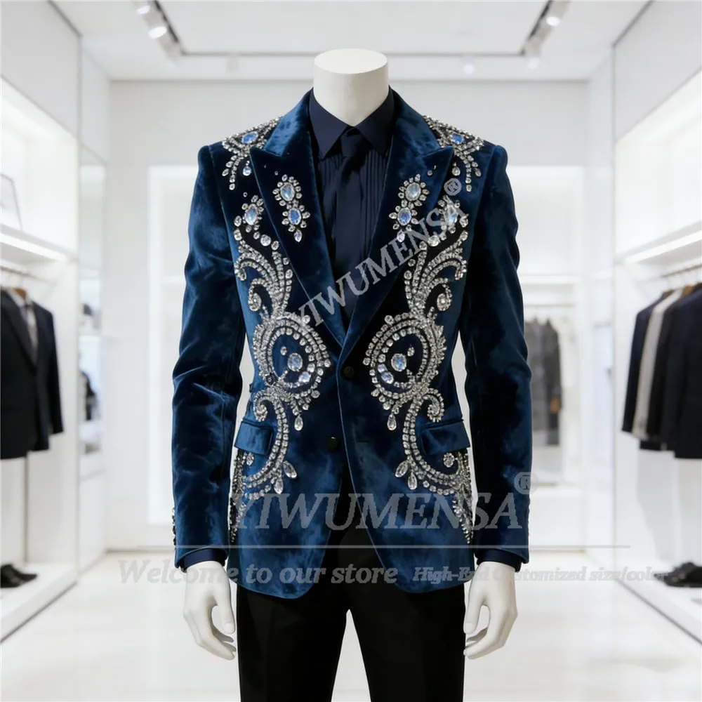 

Luxury Jewelry Stones Ornament Suits Men 2 Piece Set Single Breasted Velvet Prom Blazer Customized Man Banquet Groom Tuxedos