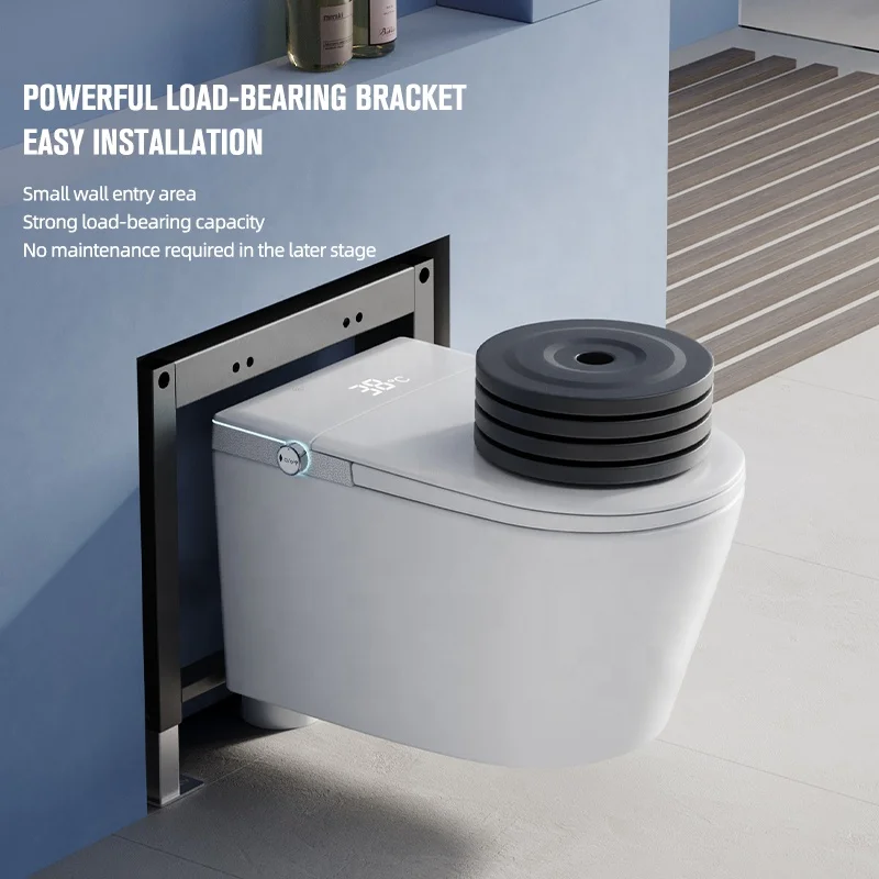 Inteligentna toaleta bezramkowa HKZX z bidetem, montowana na ścianie, elektryczna, z pilotem, odpływ P-trap, wbudowany zbiornik na wodę.