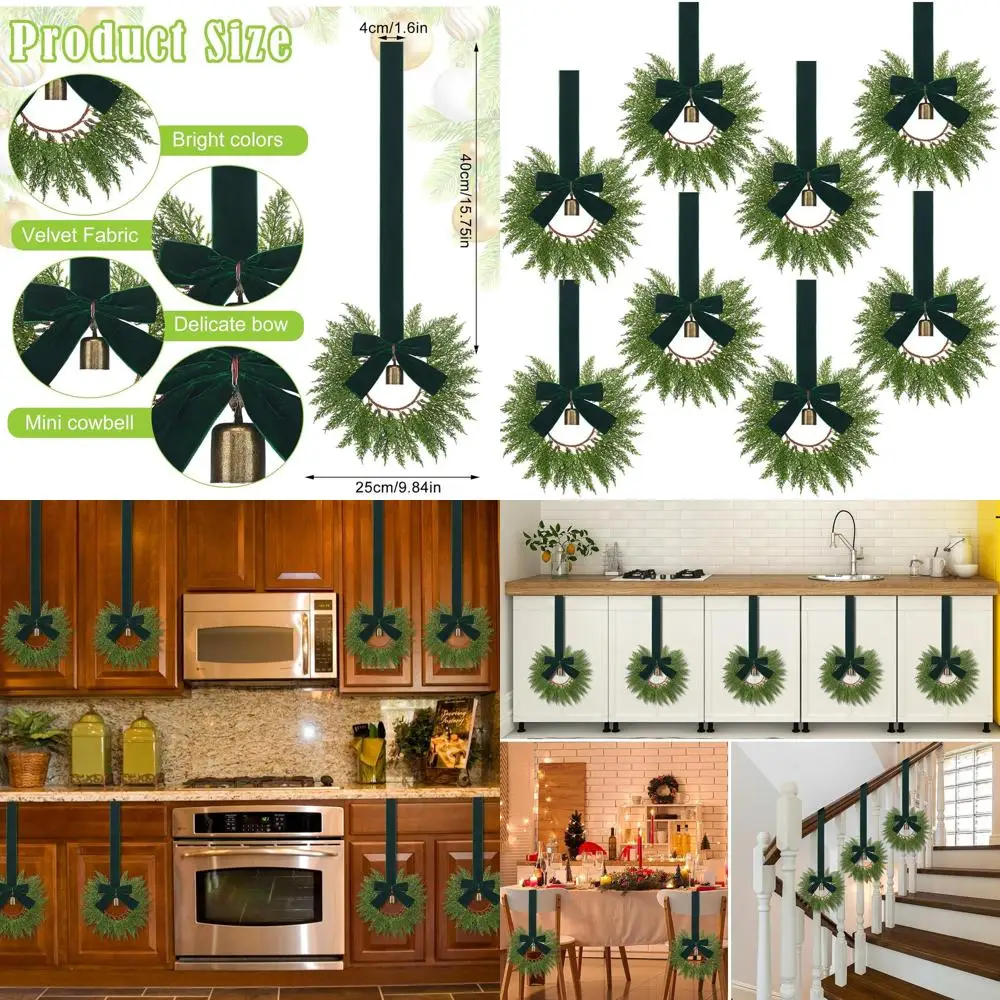 

Set of 8 Mini Christmas Velvet Wreaths with Ribbon & Bells for Holiday Home Decor (Classic, Dark Green)