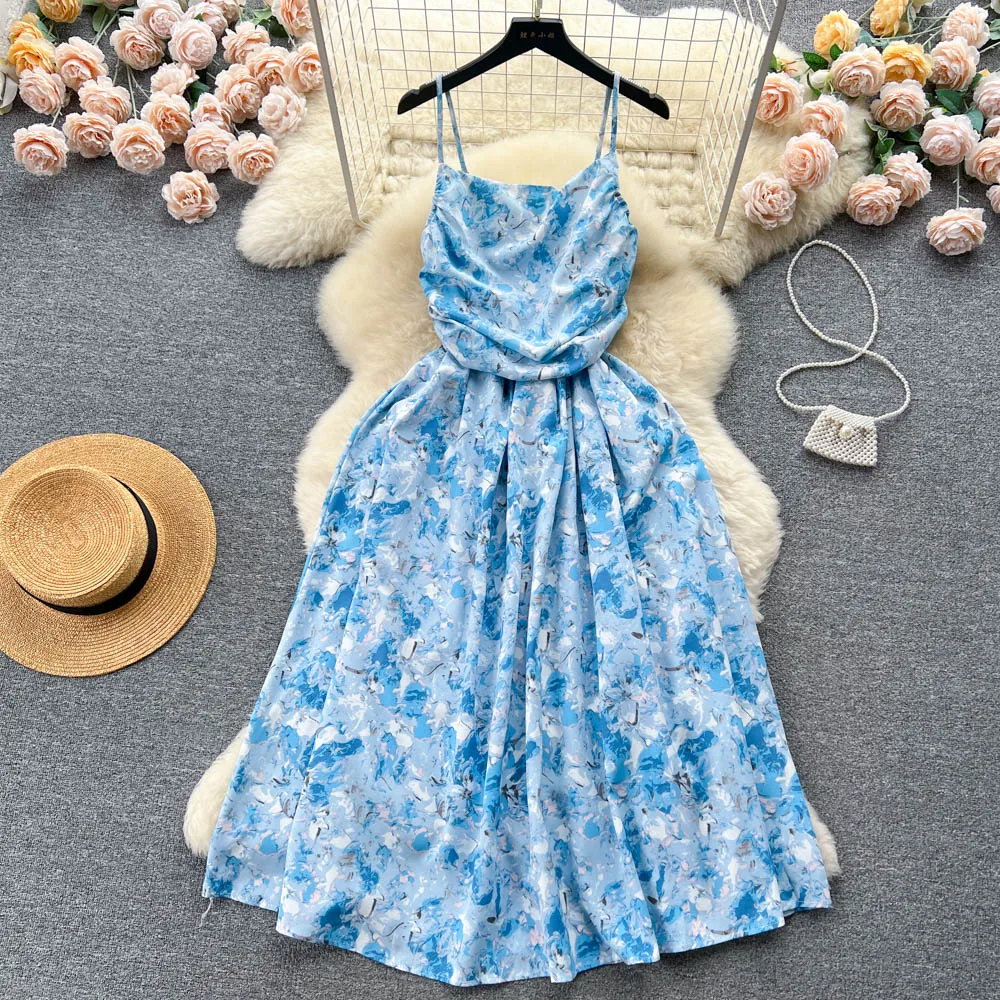 YuooMuoo Romantic Floral Print Long Dress Vintage Rose Print High Waist Spaghetti Strap Summer Dress Lady Beach Sundress