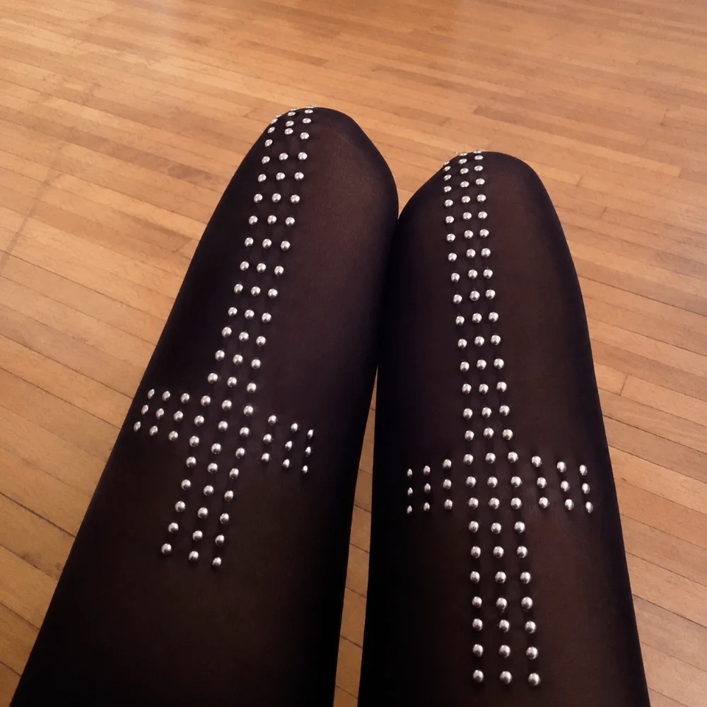 Fashion Punk Black Gothic Tights Breathable Vintage Cross Pantyhose Y2K Soft Rhinestone Stockings Women