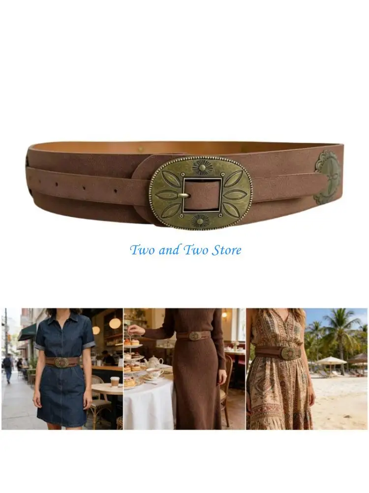 HX6F Stylish Bohemian Waist Belt With Metal Pin Buckles Wide Corset Band Waist Cincher