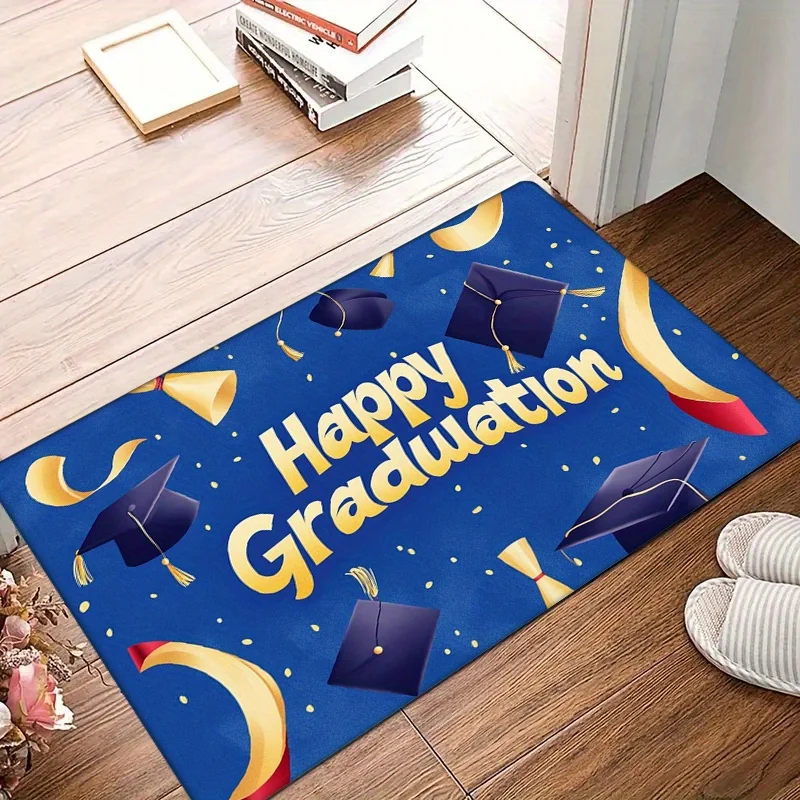 1pc Graduation Celebration Doormat - 0.47inch Thick Flannel Non-Slip Machine Washable Floor Mat with Blue Happy Graduation Desig