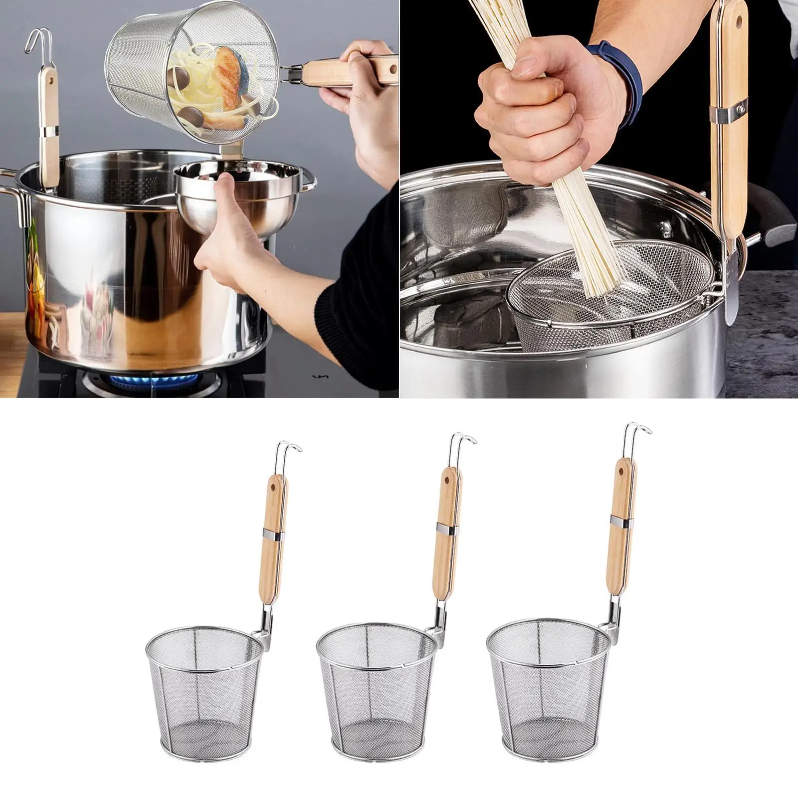 

Pasta Strainer with Wooden Handle, Kitchen Mesh Basket for Noodles And Frying