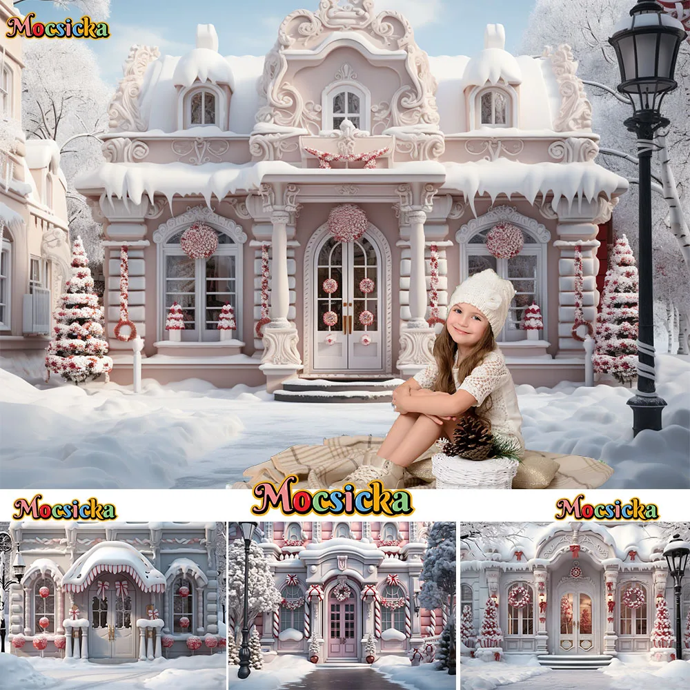 

Mocsicka Winter Fairy Tale Candy Town Party Photography Background Christmas Snowy Street Light Kids Pink Backdrop Photobooth