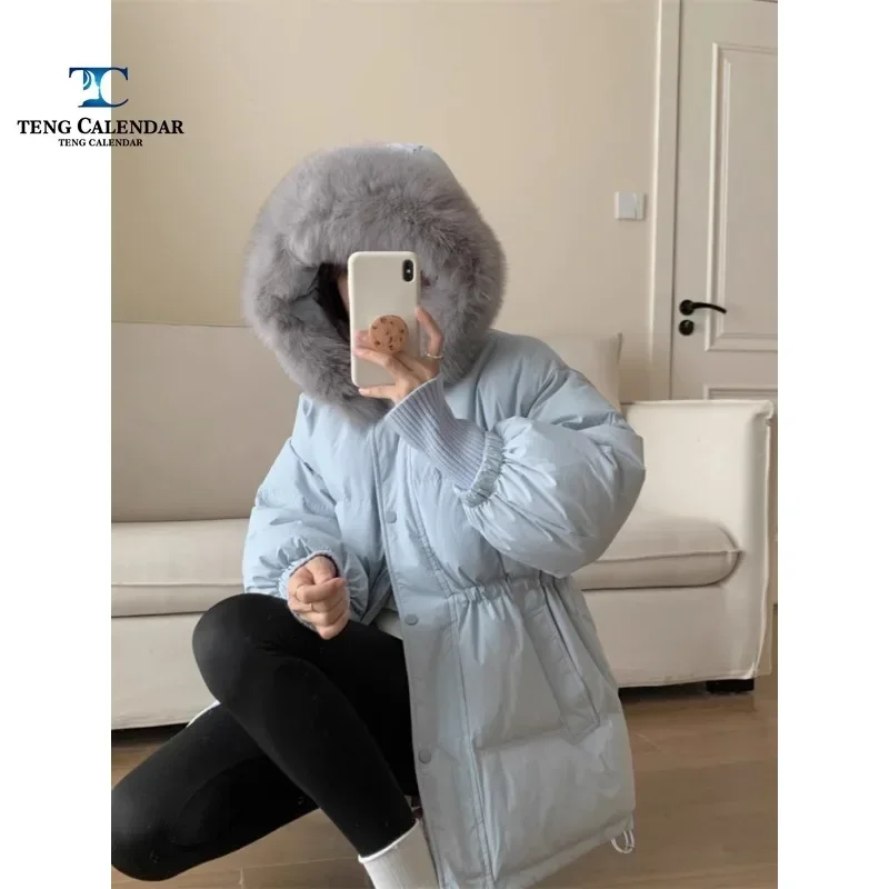 Winter Down Jacket, Korean Version Women's Mid To Long Length, Thickened Slim Waist, Big Fur Collar, White Duck Down Down Jacket