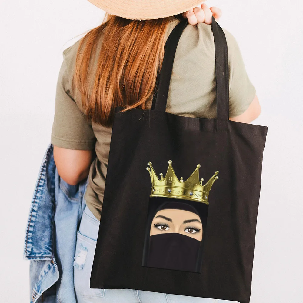 Arabic Woman Crown Hijab Face Muslim Islamic Eyes Covers Canvas Shoulder Harajuku Handbags Totes Eco Shopper Black Shopping Bags