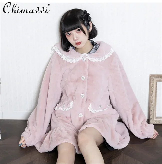 

Japanese Sweet and Cute Navy Collar Lace Fluffy Long-sleeved Coat Autumn and Winter New Lolita Mid-length Warm Jacket Women