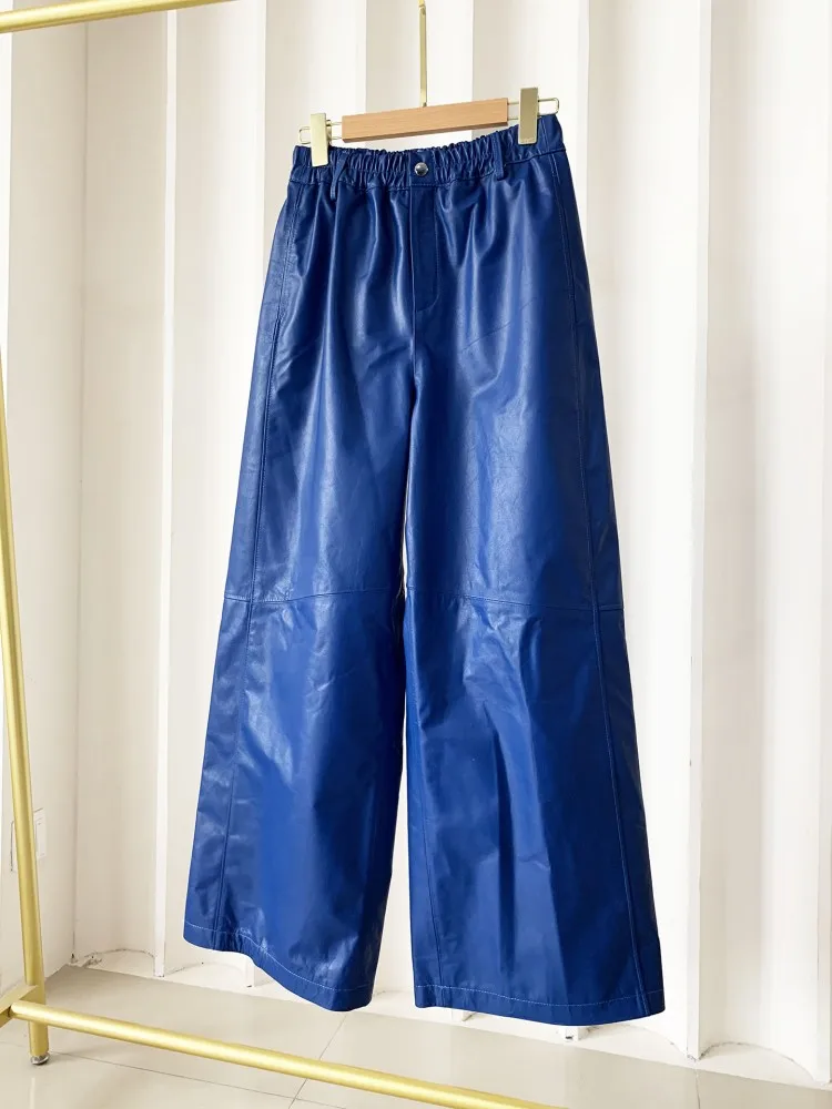 Elegant Women Straight Trousers Casual High Waist Loose Fit Genuine Leather Pants Autumn Streetwear Fashion Versatile Lady Pants