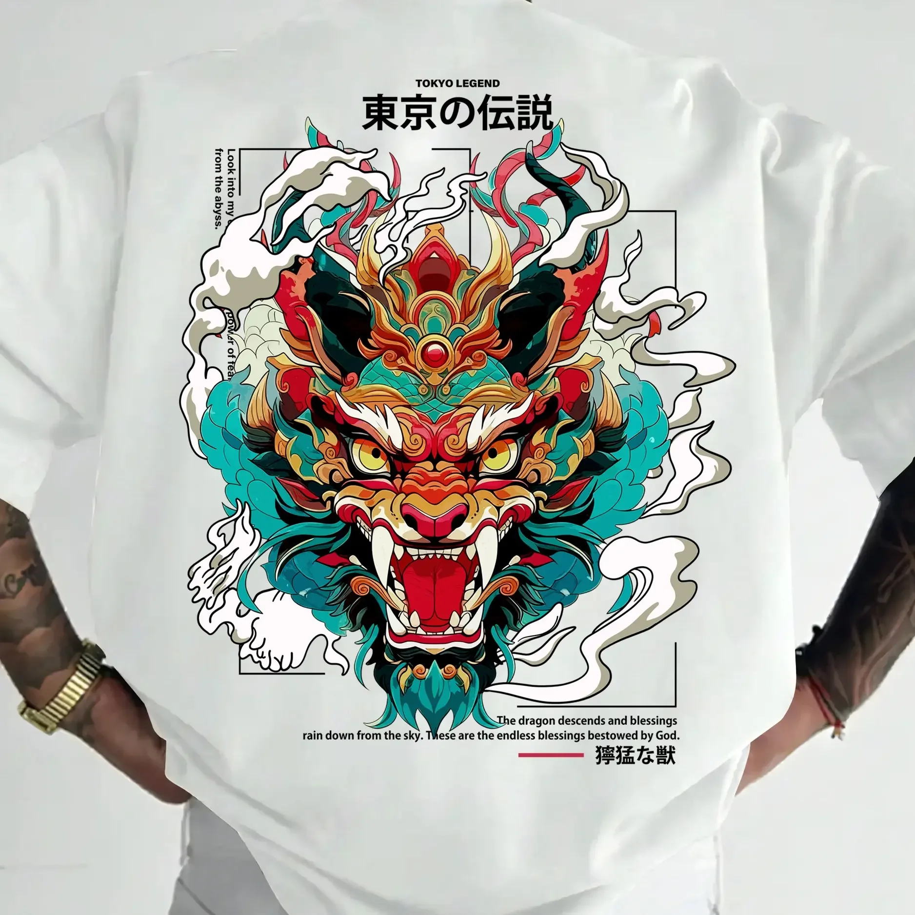 Men's Oversized Cotton T-Shirt Japanese Dragon Print Tokyo Legend Streetwear Hip Hop Short Sleeve Crew Neck Casual Tee For Men