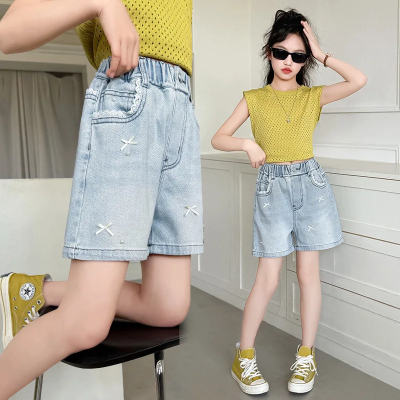 2026 Sommer Mädchen Jeans-Shorts mit Schleife, elegante knielange Hosen für Kinder und Teenager (5-14 Jahre), Perlen-Shorts für Mädchen