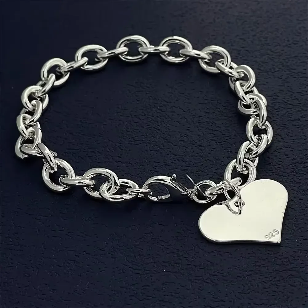 

925 Sterling Silver Heart-Shaped Pendant Bracelet, Simple Luxury Banquet Wedding Birthday Jewelry Gift For Women Couple