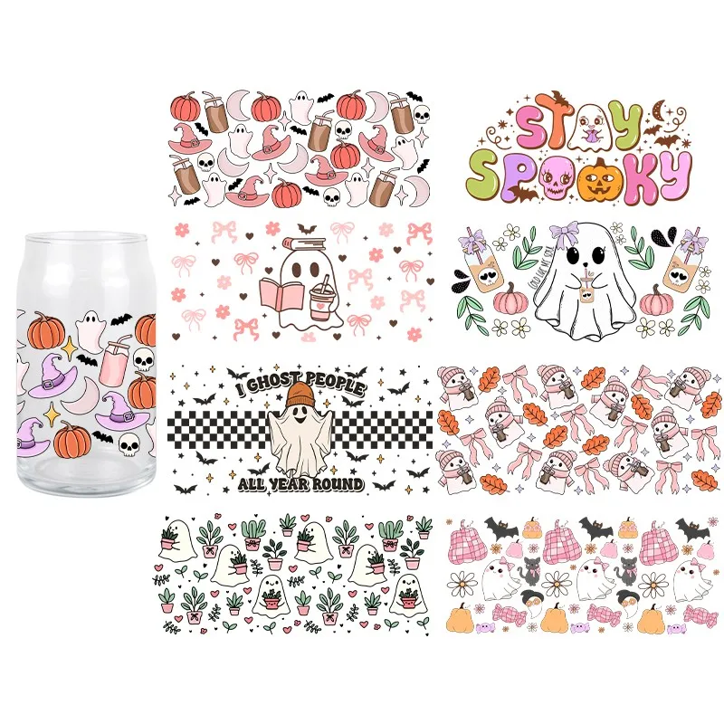 DIY Halloween UV DTF Transfer Sticker Wraps Cup Libbey Glass Cup Spooky Cartoon High Quality Waterproof Decals 3D