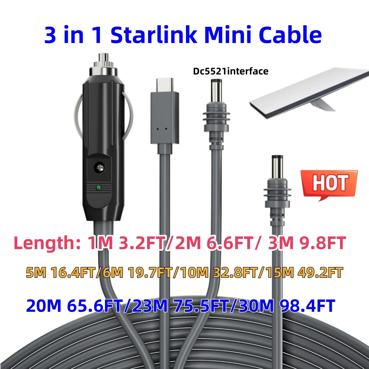 3 in 1 Starlink Mini Cable , High-Speed USB C/Car Charger/DC to DC Replacement Cable for Starlink Mini Power