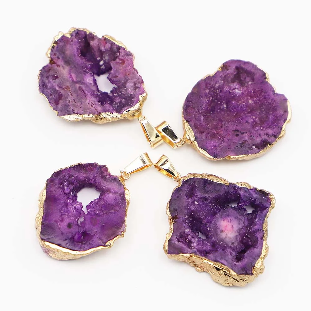 Natural Agates Raw Stone Slice Pendant Necklace Crystal Plating Phnom Penh Irregular Druzy Geode Charms Jewelry Making Gift 8Pcs