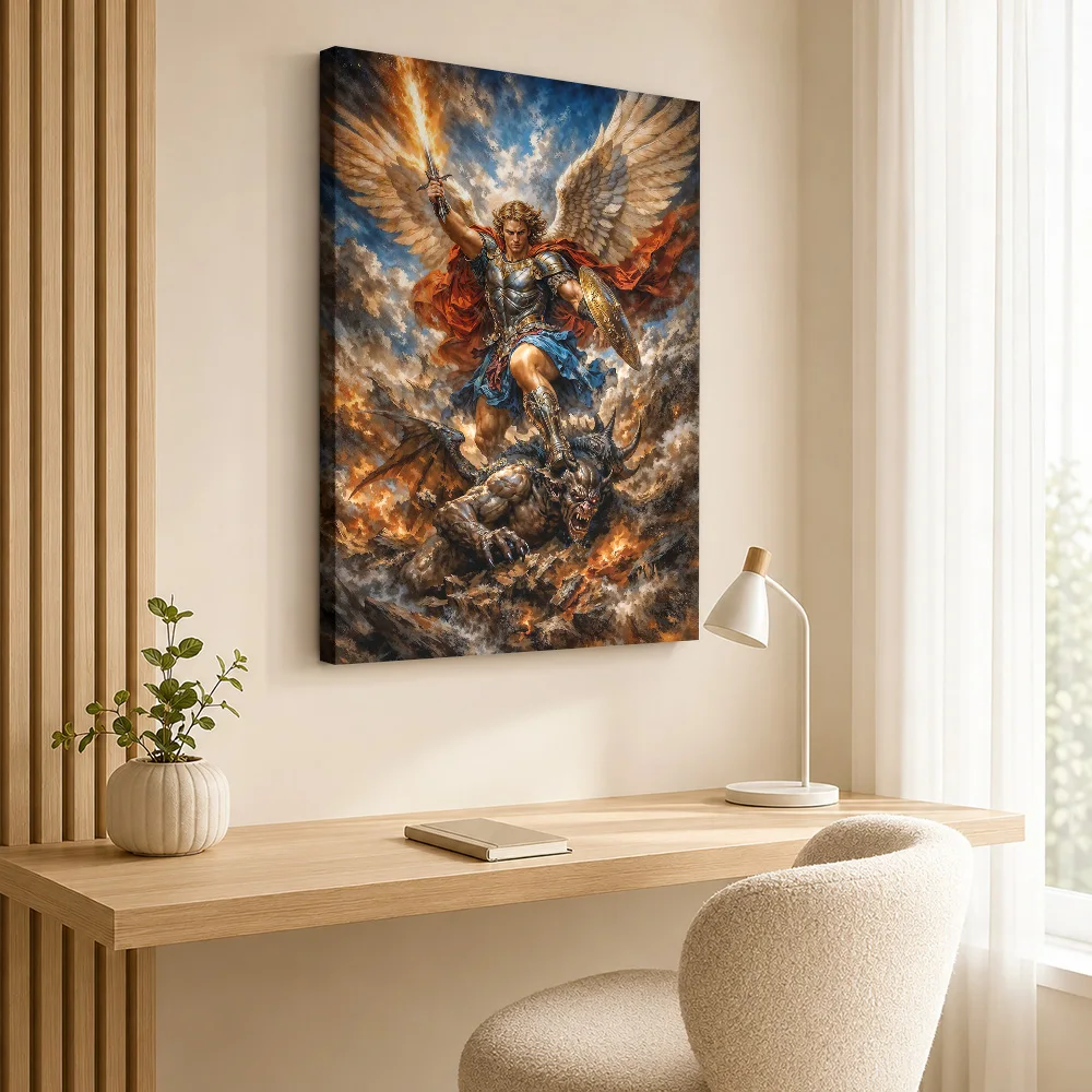 Archangel Michael Defeating Demon Canvas Poster Customized Spiritual Mythology Canvas Wall Art for Bedroom Decor Ready to Hang
