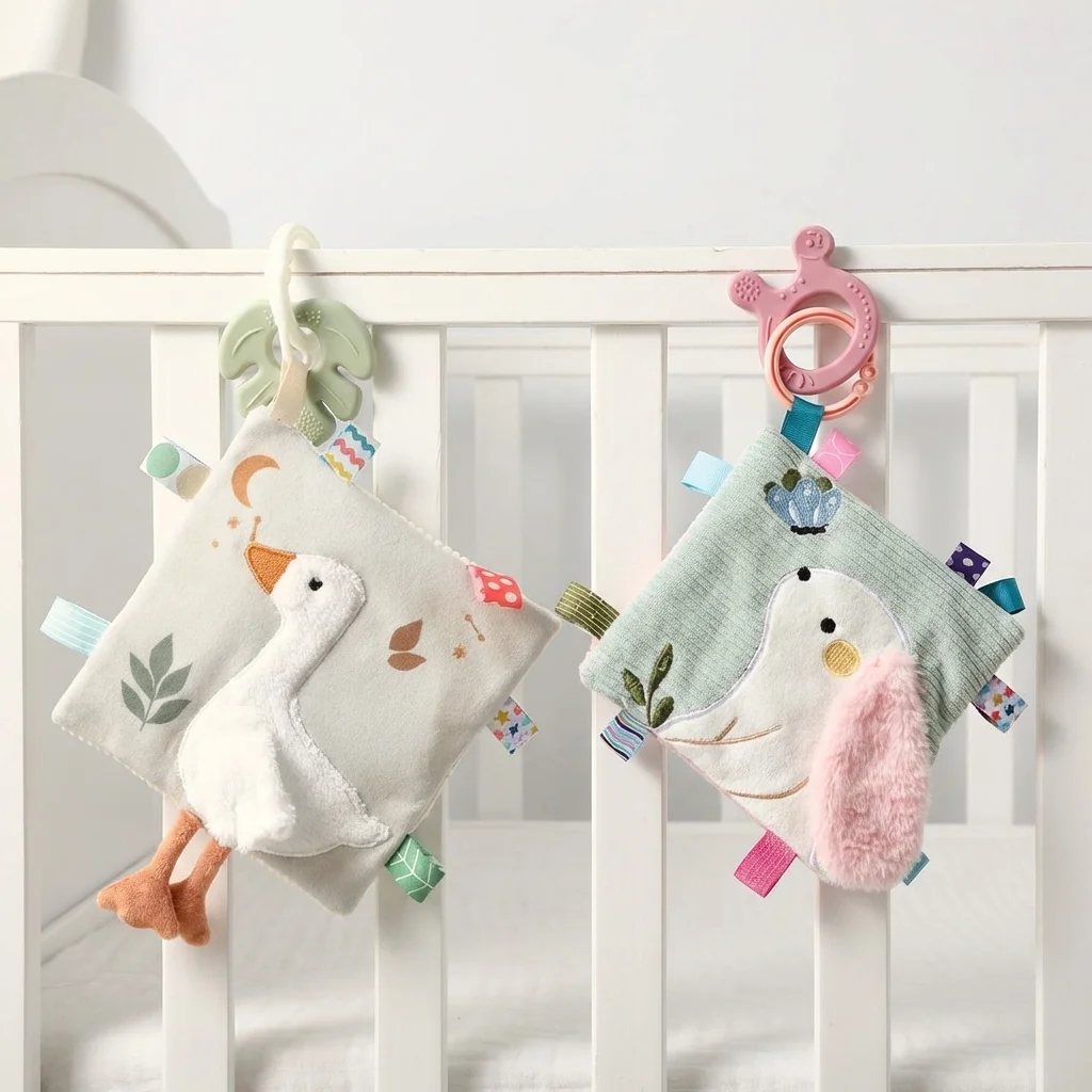 Animal Print Baby Security Blanket with Teether Ring - Newborn Bed Winding Toy for 0-12 Months with Colorful Tags Sleep Artifact