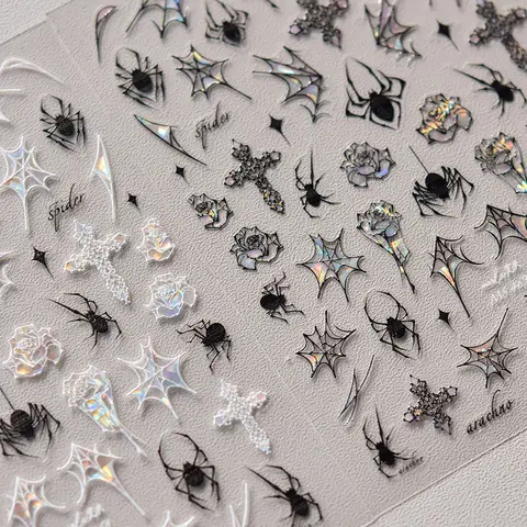 High Quality Halloween Black And White Sparkling Shell Light Spider Web Rose Nail Stickers Art Decal Design Manicure Tool MS-468