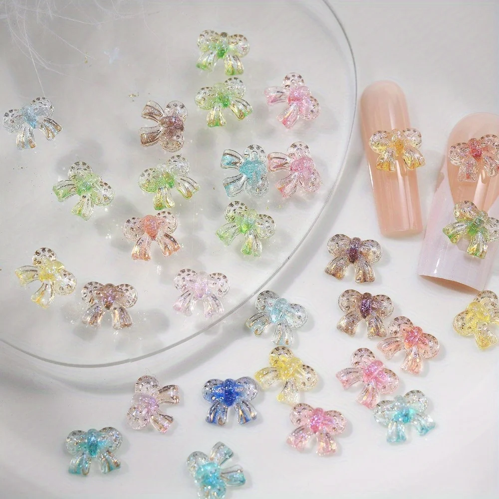 50pcs Ice Transparent Gold Bowtie Nail Art Accessories Cute 3D Acrylic Sparkling Ribbon Bow Diy Nail Hairpin Decor Accessory