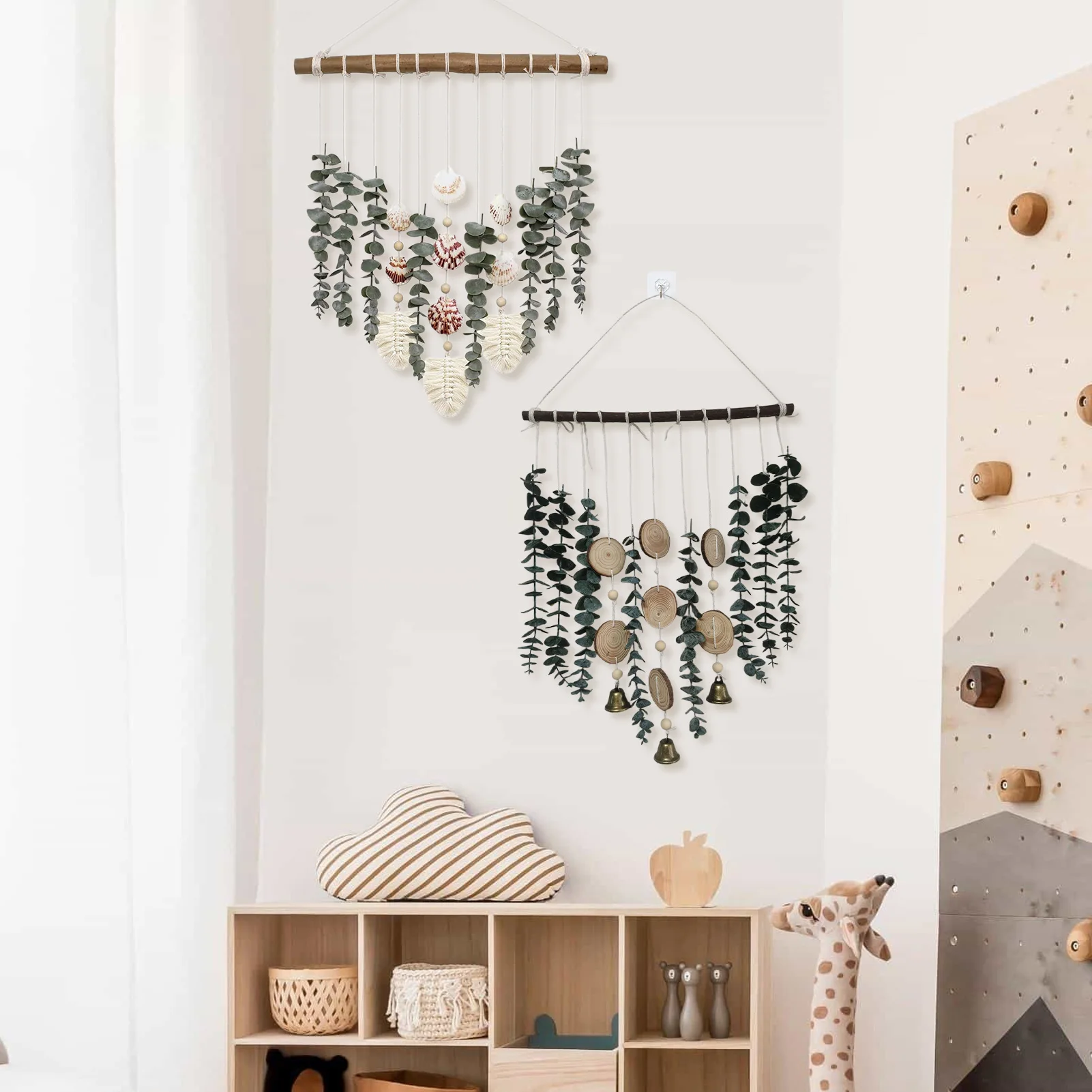 Bohemian Eucalyptus Wall Hanging Rustic Artificial Greenery Wall Decor with Shells / Bells Boho Macrame Wall Art for Home Room