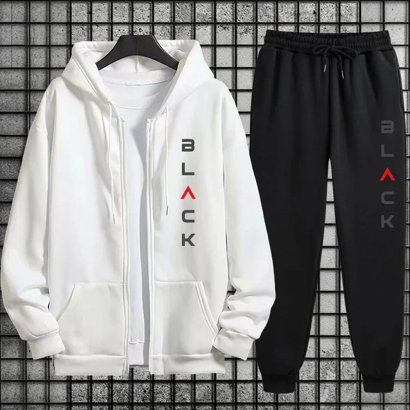 2026 Hot Sale Men 2 Piece Set Zipper Hoodie Streetwear Tracksuit Urban Fashion Outfit Black Letter Print Sweatshirt Sweatpants