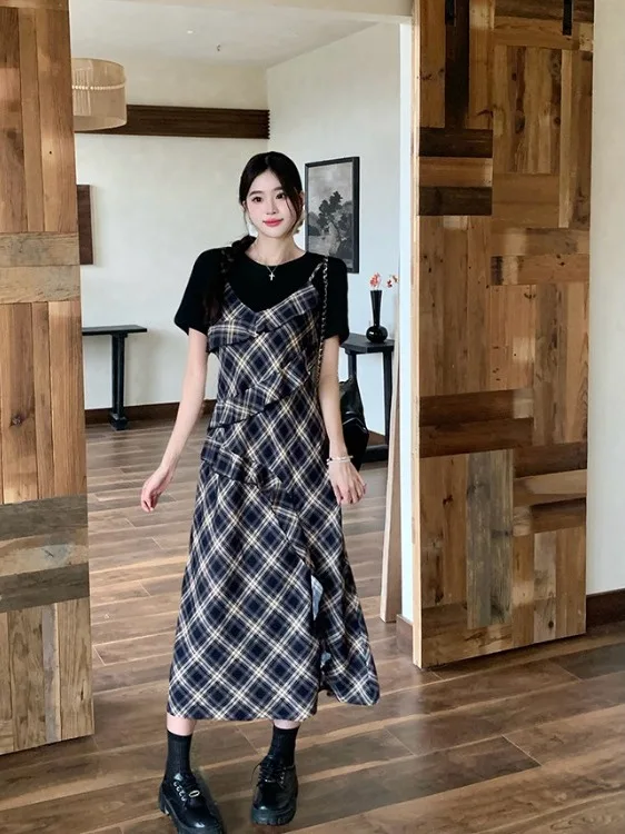 

Sweet Large Size Women's Dress Summer New Style High Waist A-Line Midi Skirt Plaid Short Sleeve Bounded Korean Style