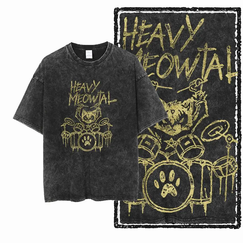 G49 Exclusive Streetwear Big Size 100% Cotton Men's Cat Printed Graphic T-shirt | Acid Washed Cool O-neck Men's Tee Tshirt