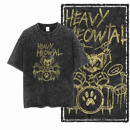 Imagen 1 del producto G49 Camiseta gráfica con estampado de gato para hombre, ropa de calle exclusiva, talla grande, 100% algodón |   Camiseta para hombre con cuello redondo y lavado con ácido