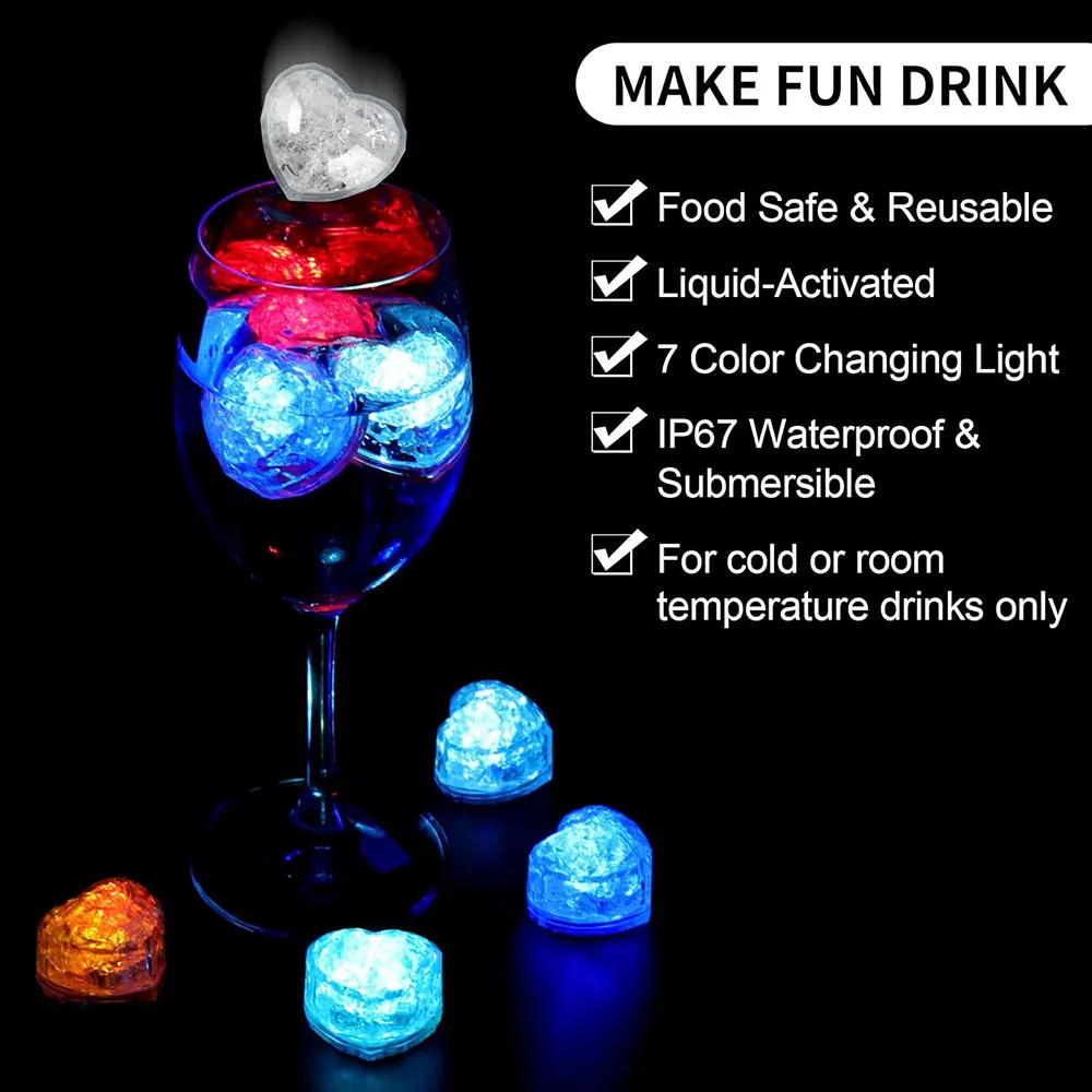 Light Up Led Heart Ice Cubes with Changing Lightsfor Drinks Multicolor Reusable Glow Ice Cubes for Club Bar Party Decorations