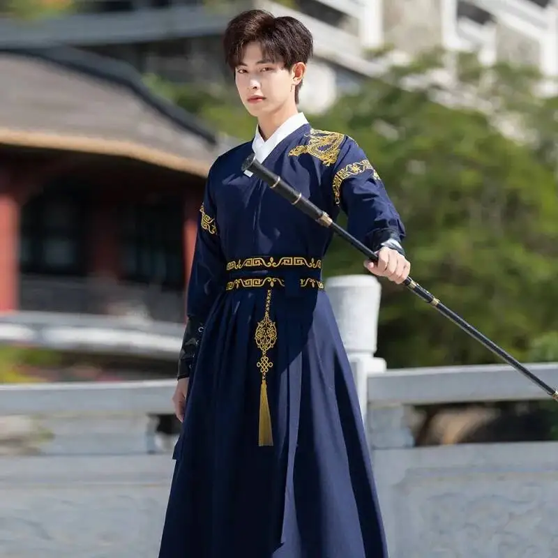Chinese Traditional Hanfu Clothing for Men Ancient Swordsman Ethnic Blue Hanfu Outfit Han Dynasty Knight Performance Carnival view 2