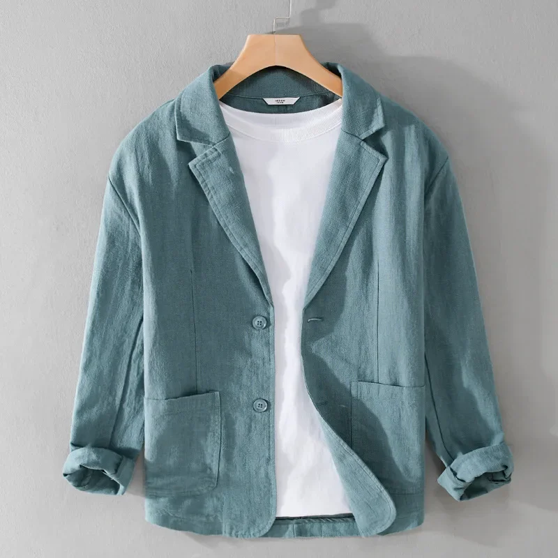 

Korean Style Mens Summer Jacket Commute Casual Men's Blazer Solid Button Cotton Linen Jackets Men Simple Breathable Suit Slim