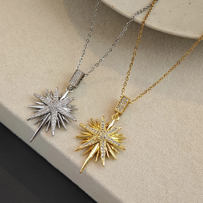 ANENJERY 316L Stainless Steel Star Round Shiny Zircon Pendant Necklace For Women Delicate Luxury Lady Jewelry Gifts Wholesale