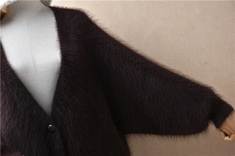 Weibliche Frauen Frühling Herbst Dicke Warme Haarigen Nerz Kaschmir Gestrickte Lange Batwing Ärmeln V-ausschnitt Lose Strickjacke Jacke Mantel Pullover