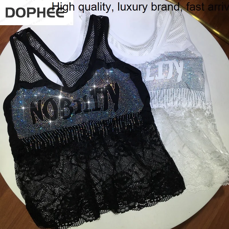 

Drilling Beautiful Hot Women Camisole Back Hollow Out Vests Patchwork Lace Cropped Tops Trendy Ice Silk Cotton Tube Top