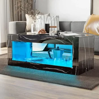 Image 47.2inch LED Coffee Table with Large Open Storage, Modern High Gloss Coffee Table with 16 Colors LED Lights