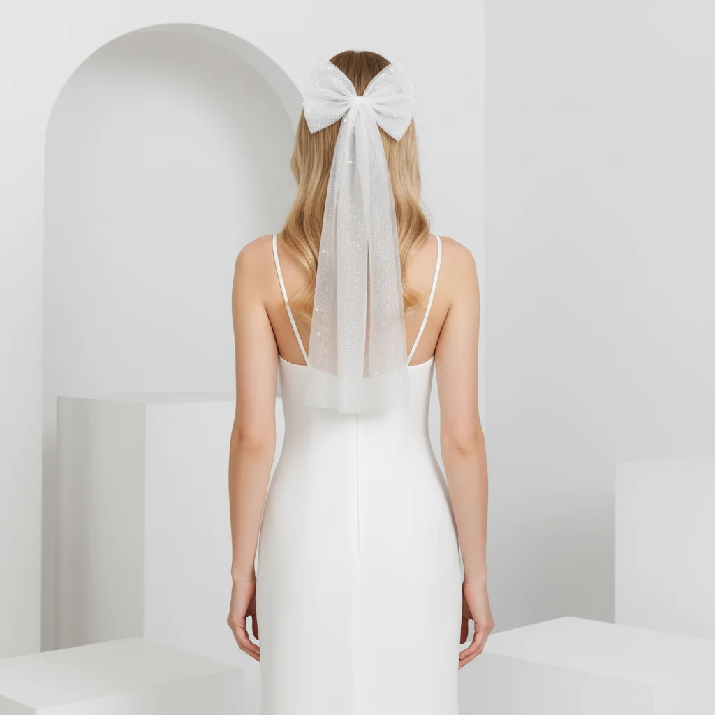 

Свадебная фата со звездным небом и узлом-бабочкой, свадебные аксессуары, фата с белым жемчугом, короткая однослойная свадебная фата G04A