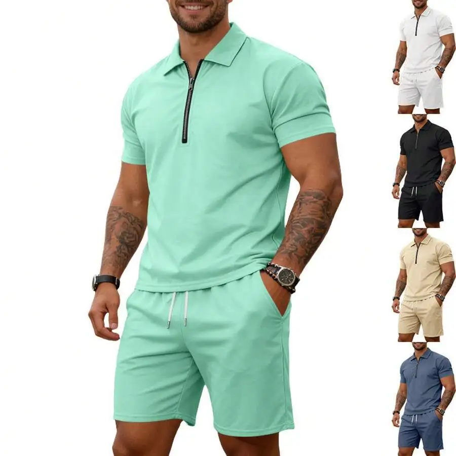 

Mens Loose Fit Zipper Collar Shirt And Shorts Set Casual Summer Outfit