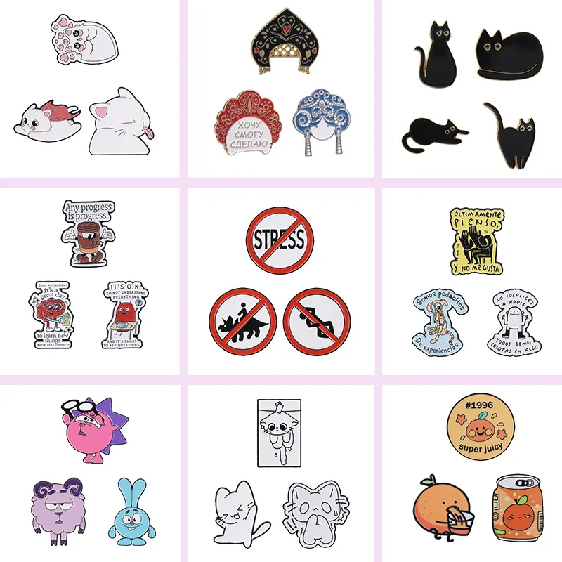 Mixed Enamel Pins Set Cute Cat Coffee Quote Retro Headdress Funny Cartoon Brooches Vintage Metal Badges For Jewelry Gift