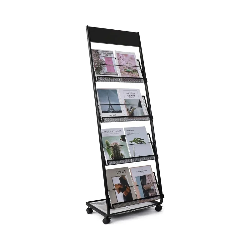 Four-tier Floor-standing Magazine Rack with Casters, Suitable for Trade Show Displays and Office Use.
