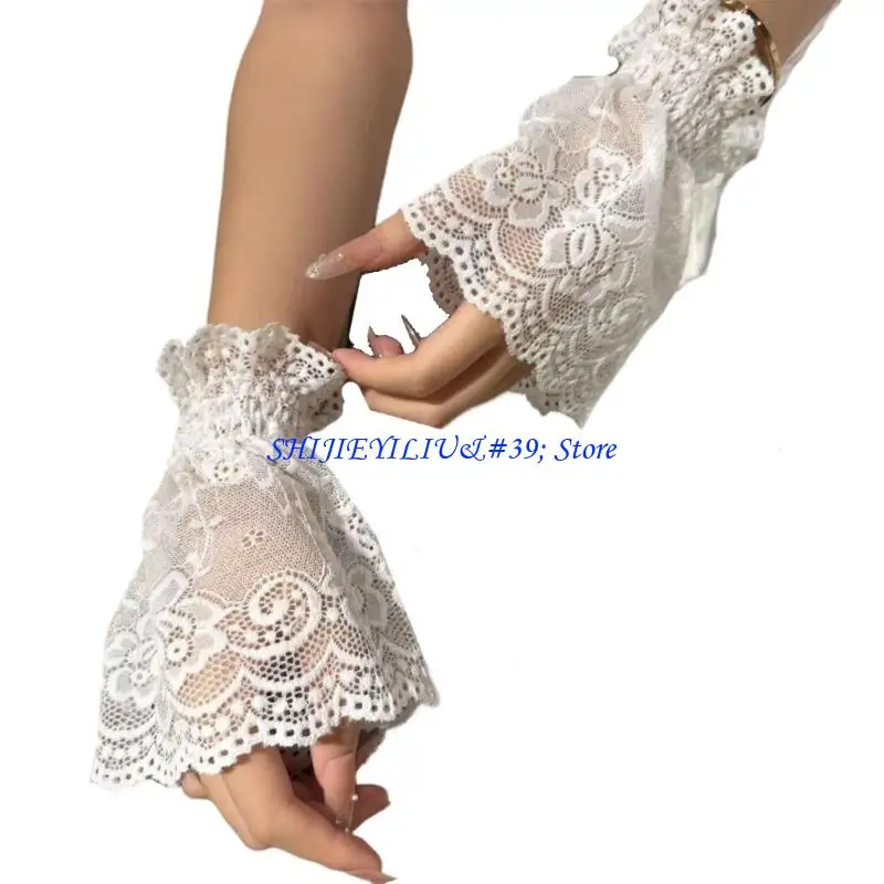 E21F Lace Faux Sleeve Cuffs Pair for Adults Sheer Lace Elastic Wrist Cuffs for Costume Styling and Photo Use Daily Wear