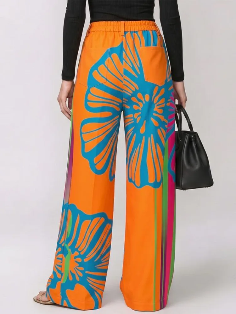 Yeezzi Women High Waist Wide Leg Pants Blue Floral Printed Metal Eyelet Cutout  Loose Full Length Casual Streetwear Trousers