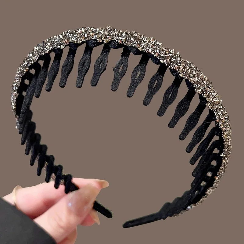 ファッションラインストーンフロッキングベゼルヘアフープ女性用レディースソリッドカラー歯付き滑り止めヘッドバンドヘアバンドアクセサリー