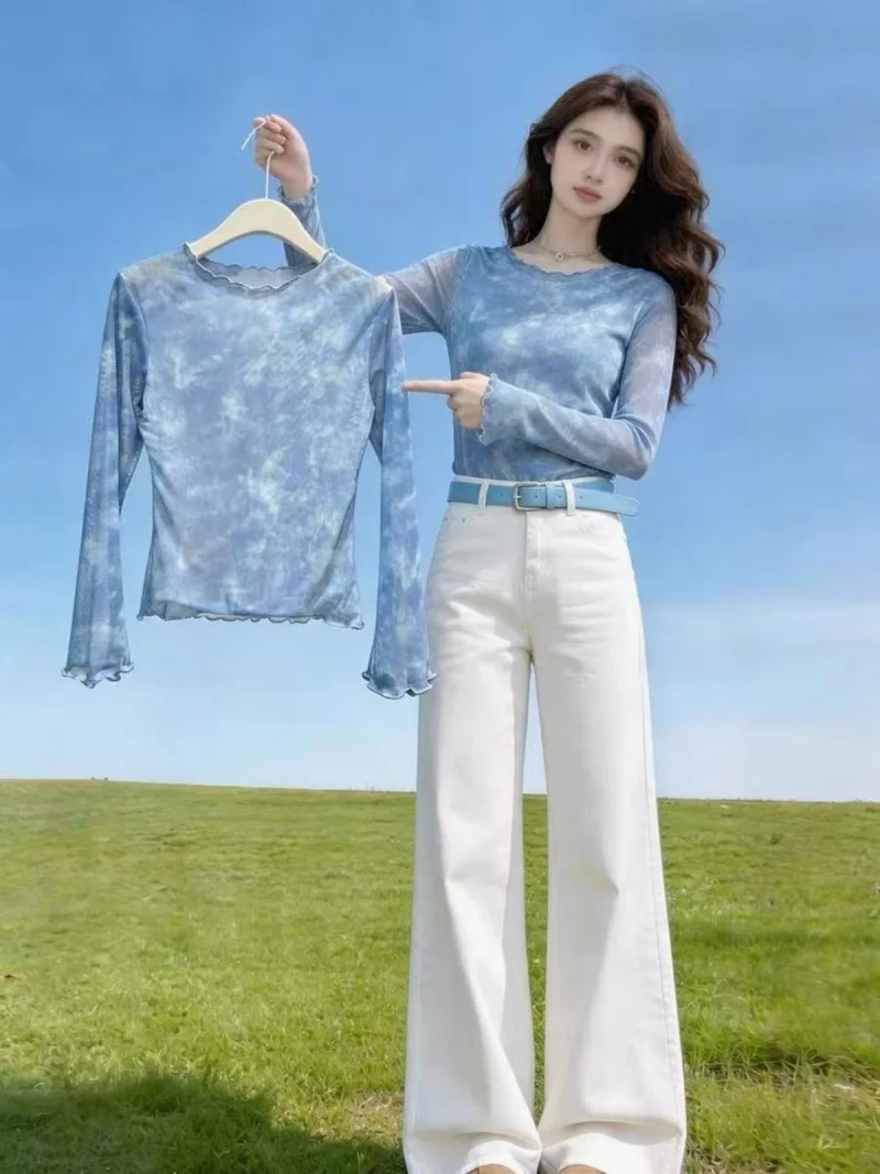 

Blue Gradient Long Sleeve Mesh Sun Protection Clothing Women's Summer New Style Thin T-Shirt Korean Version Straight Cut Print