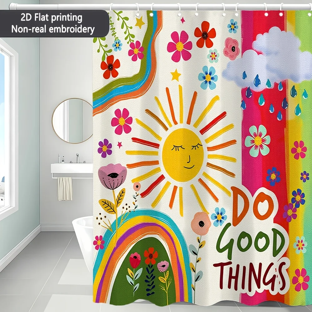 Vibrant Rainbow Sun Shower Curtain Bathroom Decor Boho Watercolor Print Waterproof Bath Curtain 180x180cm Home
