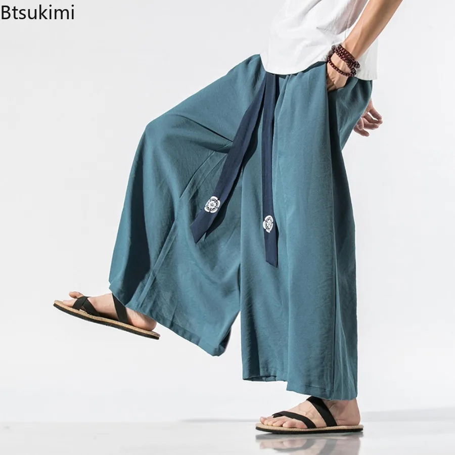 

2024 Chinese Style Men's Wide Leg Pants Vintage Loose Casual Cotton Big Crotch Joggers Trousers Japanese Kimono Men Hanfu Pants